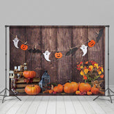 Lofaris Rustic Halloween Pumpkin Combo Set Backdrop Wood Wall with Ghost Garland Fall Farmhouse Party Photos